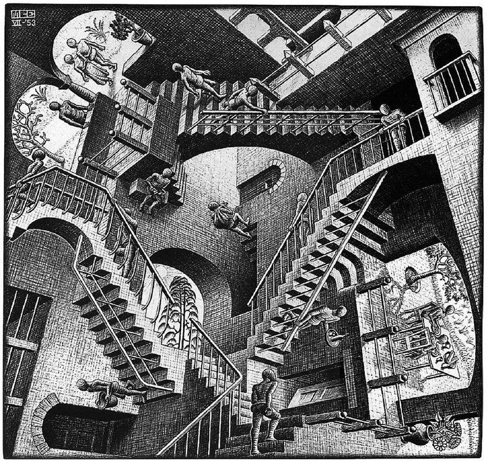 Maurits Cornelis Escher, 'Relativit', 1953, litografia, 27,7x29,2 cm.  M.C. Escher Foundation